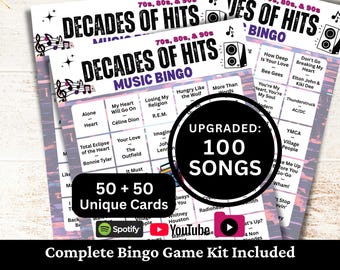 Decades 70s 80s 90s Music Bingo, 50 Cards, 100 Songs Playlists Included, Printable PDF Game, Instant Download