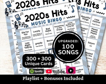 2020s Hits Music Bingo, 300 Cards, 100 Songs Playlists Included, Printable PDF Game, Instant Download
