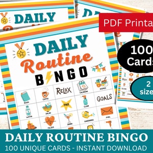 Cartão de jogo de bingo de rotina diária 100, bingo de tarefas diárias, atividade de autocuidado, folha de pacote para impressão de hábitos diários, jogo de hábitos de bem-estar para adultos