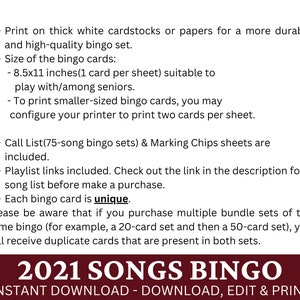 Puede incluir: Un juego de bingo de canciones de 2021 imprimible con instrucciones para imprimir en cartulina o papel. El juego incluye una lista de llamadas con 75 canciones, fichas de marcado y enlaces de listas de reproducci&oacute;n. Cada tarjeta de bingo es &uacute;nica.