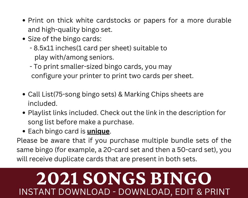 Puede incluir: Un juego de bingo de canciones de 2021 imprimible con instrucciones para imprimir en cartulina o papel. El juego incluye una lista de llamadas con 75 canciones, fichas de marcado y enlaces de listas de reproducci&oacute;n. Cada tarjeta de bingo es &uacute;nica.
