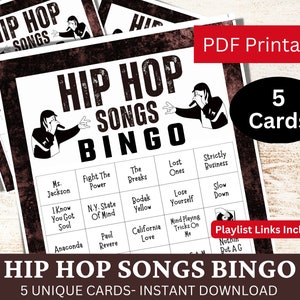 5 Hip Hop Songs Bingo Spielkarten, Rap Musik Party Aktivität, druckbares Spiel für die Familiennacht, Geburtstag Icebreaker PDF Spiel, Club Bingo