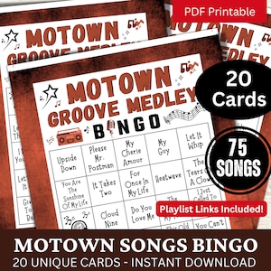 R&B Soul Pop Songs Bingo 20 Cartões, Jogo de Reunião de Idosos PDF para Imprimir, Bingo de Música Clássica com Lista de Reprodução, Atividade Divertida para Festa de Fim de Ano em Família
