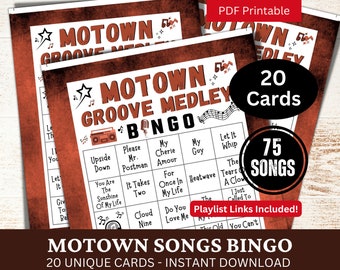 Bingo avec chansons pop soul R&B 20 cartes, jeu de réunion de seniors à imprimer au format PDF, bingo à musique classique avec liste de lecture, activité amusante pour les fêtes de fin d'année en famille