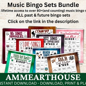 May include: A collection of printable music bingo cards with various themes, including 90s songs, love songs, country, beach tunes, R&B, and bachelorette beats. The cards feature colourful backgrounds and music-themed icons. The text "AMMEARTHOUSE" is displayed at the bottom of the image, along with the phrase "INSTANT DOWNLOAD - DOWNLOAD, PRINT & PLAY".
