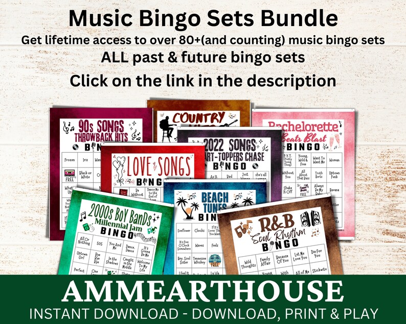 May include: A collection of printable music bingo cards with various themes, including 90s songs, love songs, country, beach tunes, R&B, and bachelorette beats. The cards feature colourful backgrounds and music-themed icons. The text "AMMEARTHOUSE" is displayed at the bottom of the image, along with the phrase "INSTANT DOWNLOAD - DOWNLOAD, PRINT & PLAY".