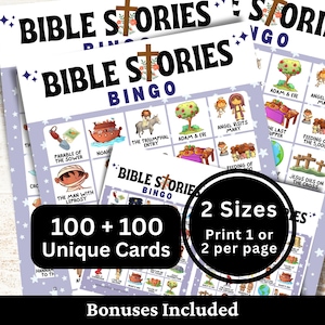 Bible Stories Bingo 100 Cards, Church Youth Gathering Activity, Kids Sunday School Class Game PDF Printable