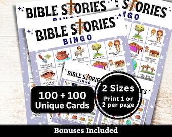 Bingo de historias bíblicas (100 tarjetas), actividad para reuniones juveniles en la iglesia, juego para niños de la escuela dominical (PDF imprimible)