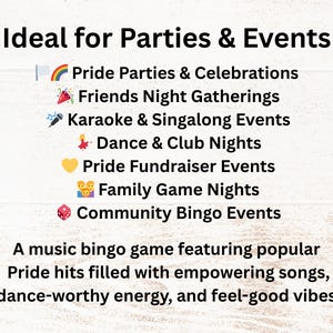 K&ouml;nnte beinhalten: Text auf wei&szlig;em Hintergrund: "Ideal f&uuml;r Partys & Events" mit einer Liste von Veranstaltungen, darunter Pride Parties und Karaoke. Der Text darunter lautet: "Ein Musik-Bingo-Spiel mit beliebten Pride-Hits..."