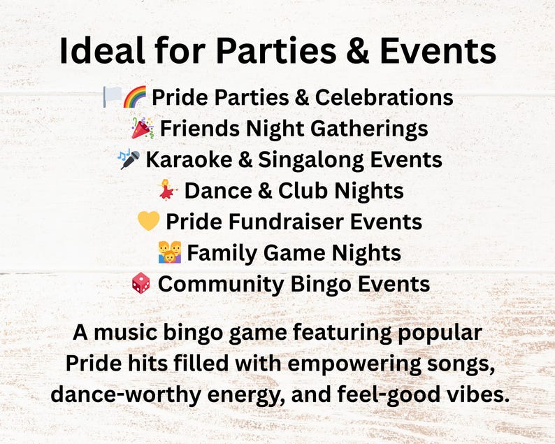 K&ouml;nnte beinhalten: Text auf wei&szlig;em Hintergrund: "Ideal f&uuml;r Partys & Events" mit einer Liste von Veranstaltungen, darunter Pride Parties und Karaoke. Der Text darunter lautet: "Ein Musik-Bingo-Spiel mit beliebten Pride-Hits..."