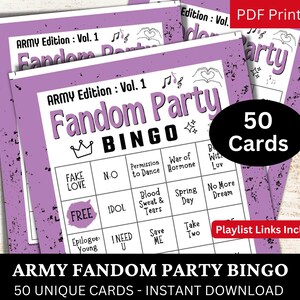 ARMY Fandom Party Bingo 50 Karten, Kpop Songs Streaming Spiel, koreanisches Gruppenjubiläum, Fan Konzert Aktivität Thema Icebreaker Printable PDF