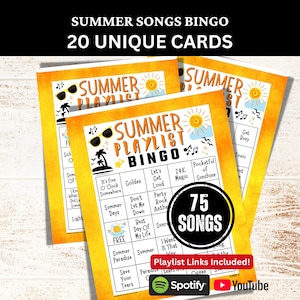 Summer Songs Bingo 20 Cards, Summertime Picnic Themed Music with Playlist, College Reunion Party Game, Family Birthday Gathering Activity