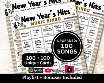 New Year's Music Bingo, 100 Cards, 100 Songs Playlists Included, Printable PDF Game, Instant Download