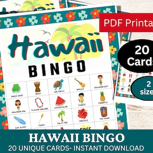 20 Cartão de jogo Hawaii Bingo, Atividade divertida de aniversário com tema de viagem, Summer Aloha para impressão, Festa Luau, PDF de encontro havaiano, Noite do pijama