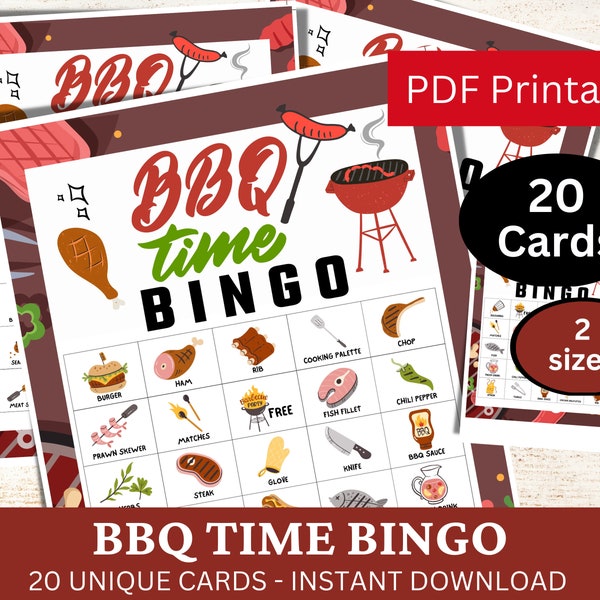 20 BBQ Time Bingo Game Cards, Barbecue Party Family Bingo, Summer Picnic Activity, Food Theme Backyard Printable Game, Hot Dog Party PDF