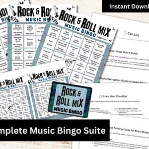 May include: A complete music bingo suite with multiple bingo cards, a host's guide, and a playlist guide. The cards feature a rock and roll theme with song titles and artist names. The suite includes the text "Rock & Roll Mix Music Bingo" and "Complete Music Bingo Suite".
