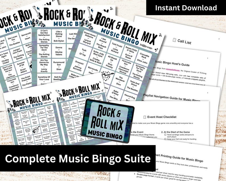 May include: A complete music bingo suite with multiple bingo cards, a host's guide, and a playlist guide. The cards feature a rock and roll theme with song titles and artist names. The suite includes the text "Rock & Roll Mix Music Bingo" and "Complete Music Bingo Suite".