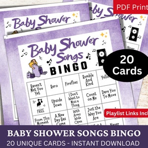 Bingo de 20 tarjetas con canciones para baby shower, juegos de revelación de género neutro, música para anunciar el nacimiento del bebé con lista de reproducción, actividad imprimible para fiestas para adultos en color morado