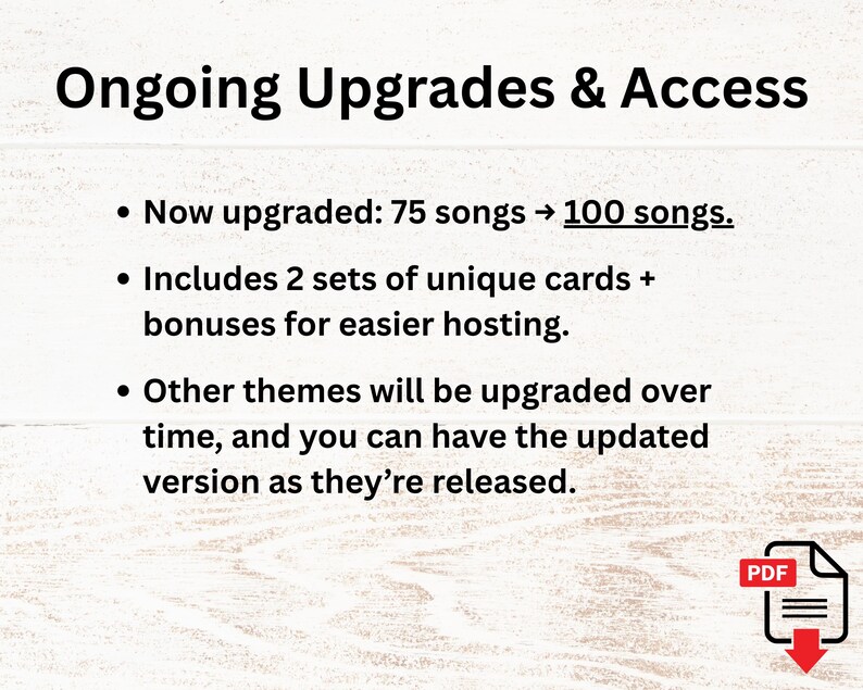May include: Image with the text "Ongoing Upgrades & Access". The text includes bullet points about song upgrades, unique cards, and theme updates. A PDF icon is in the bottom right corner.