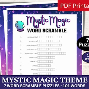 May include: A printable word scramble game with a mystic magic theme. The game features 7 puzzles with 101 words to unscramble. The image shows a purple and blue background with stars and a crystal ball.