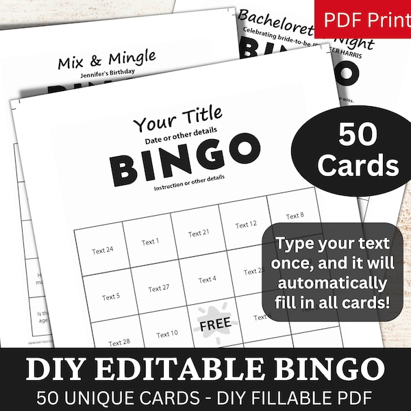 50 Editable Word Bingo Plain Template PDF, DIY Fillable Printable Game Card, Custom Blank Customizable, Personalized Make Your Own Generator