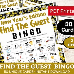 50 Neujahrs-Bingo-Spielkarten für Kinder, Erwachsene, Weihnachtsfeier, Winter-Familienspiel zum Ausdrucken, Mix & Mingle Icebreaker