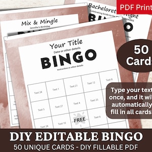 50 bewerkbare bingo aquarel bruine sjabloon PDF, DIY invulbare gamekaart, aangepaste automatische vulling, gepersonaliseerd maak je eigen generator