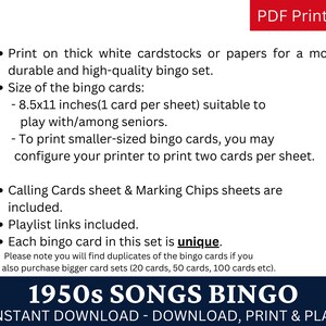 5 1950s Songs Bingo Game Card, 50s Music Bingo With Playlist, Family ...