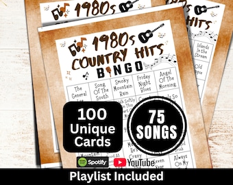 1980s Country Songs Bingo 100 Cards, Classic Music Bingo with Playlist, Fun Family Holiday Party Activity, Western Theme Gathering PDF Game