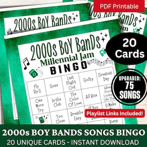 Juego de bingo con 20 cartas de canciones de grupos de chicos de los años 2000, bingo musical de los años 2000 con lista de reproducción, actividad de reunión de los años 2000 para adultos, fiesta de reunión familiar