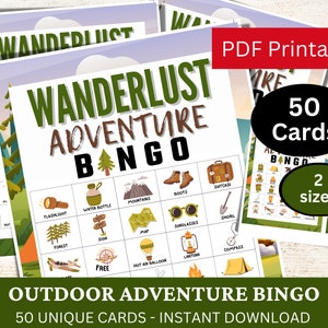 50 cartões de jogo de bingo de aventura ao ar livre, atividade temática de acampamento, jogo de caminhada de verão para impressão, viagem escolar, jogo de bingo de viagem para crianças