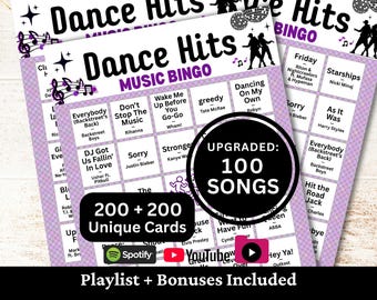 Dance Hits Music Bingo, 200 Cards, 100 Songs Playlists Included, Singalong Party, Printable PDF Game, Instant Download