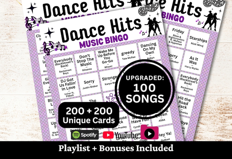 May include: A stack of "Dance Hits Music Bingo" cards with a purple and white design. The cards feature song titles and artist names. The text includes "Upgraded: 100 Songs" and "200 + 200 Unique Cards".