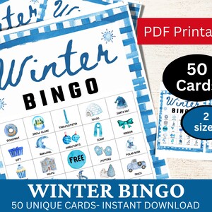 50 carte da gioco acquerello Bingo invernale per adulti e bambini, pacchetto di attività per feste natalizie, pacchetto famiglia natalizio blu stampabile, PDF della stagione natalizia