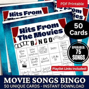 Bingo de 50 canciones de bandas sonoras de películas, bingo musical con lista de reproducción, actividad imprimible para fiestas de adultos con amigos, juego de reunión para el día de la familia