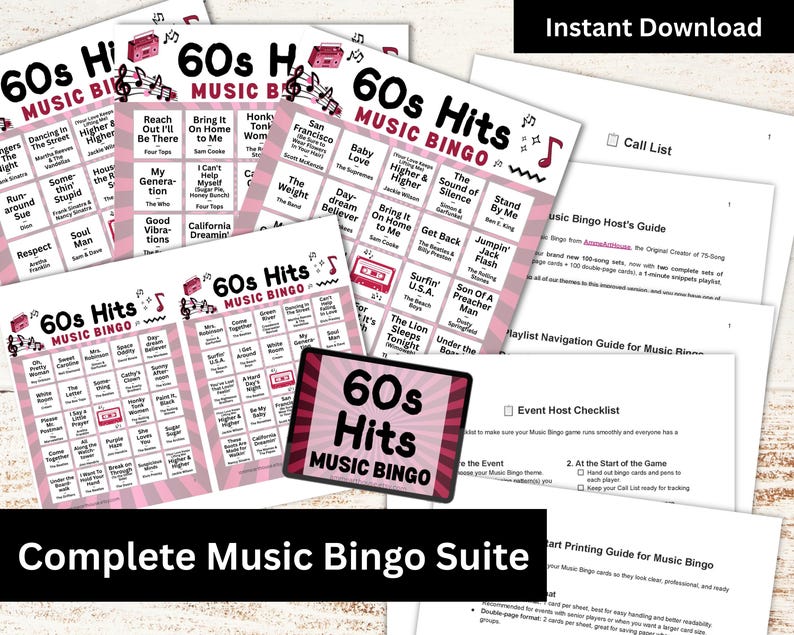 60s Hits Music Bingo, 200 Cards, 100 Songs Playlists Included, Printable PDF Game, Instant Download image 2