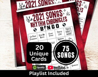2021 Songs Bingo Game 20 Cards, Throwback Music Bingo with Playlist, Family Reunion Party Night, Friend Birthday Theme Gathering Activity