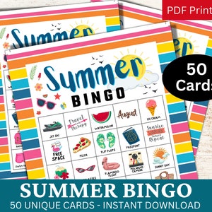 50 Zomer Bingo Spelkaart, Strandreis Thema-activiteit, Zwembadfeest Familiebijeenkomst, Reünie Vakantie-activiteiten met vrienden