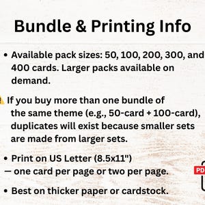 Puede incluir: Fondo blanco con el texto "Bundle & Printing Info". El texto describe los tama&ntilde;os de paquete disponibles, las instrucciones de impresi&oacute;n y las recomendaciones de papel. Un icono PDF est&aacute; en la esquina inferior derecha.
