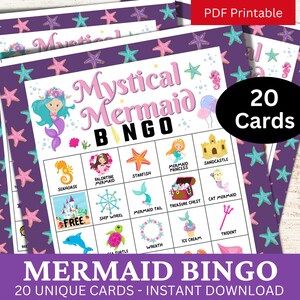 Zeemeermin Bingo 20 kaart, schattige afdrukbare zeemeermin thema familiespelavond voor kinderen, klaslokaal Icebreaker PDF Bingo, verjaardagsfeestje verzamelen