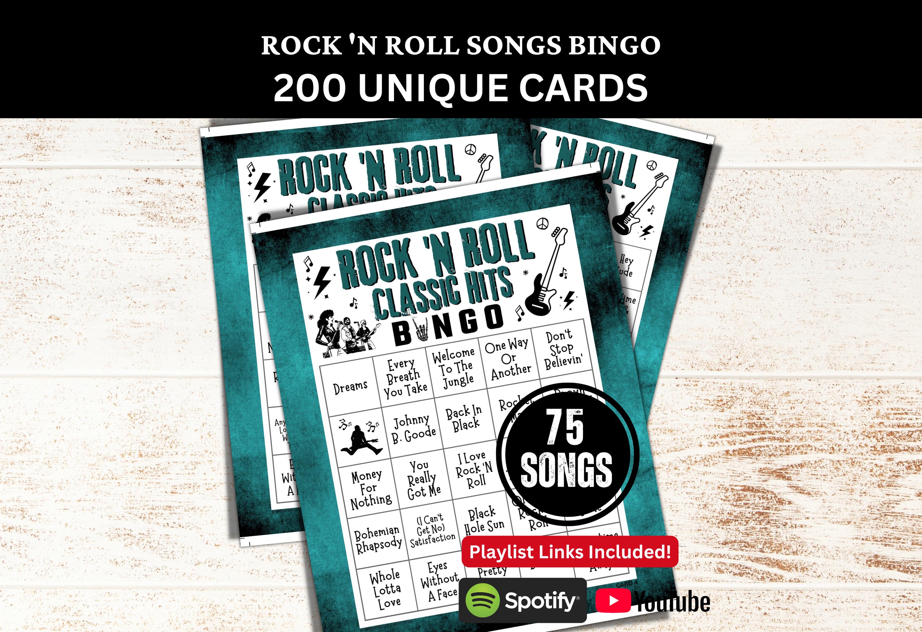 Rock and Roll Classic Songs Bingo 200 Card, Music Bingo with Playlist, Throwback 90s 80s 70s 60s 50s Hits Game Senior Family Party Gathering