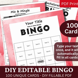 100 bearbeitbare Bingo Aquarell Rot Vorlage PDF, DIY ausfüllbare Spielkarte, benutzerdefinierte automatische Ausfüllung, personalisiert Machen Sie Ihren eigenen Generator