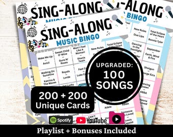 Bingo musicale cantabile, 200 carte, playlist da 100 canzoni incluse, gioco PDF stampabile, download immediato