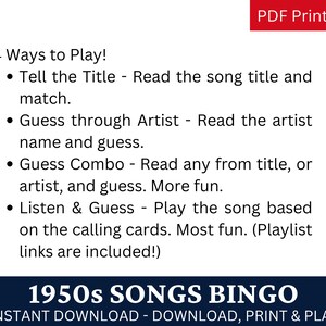 5 1950s Songs Bingo Game Card, 50s Music Bingo With Playlist, Family ...