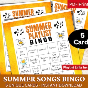 5 músicas da lista de reprodução de verão, cartão de jogo de bingo, música temática de férias de verão, noite de festa de reunião de faculdade, atividade de reunião de aniversário em família