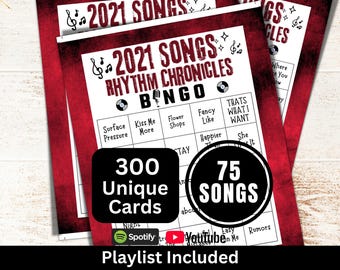 2021 Songs Bingo 300 Cards, Throwback Music Bingo with Playlist, Family Reunion Party Night Game, Friend Birthday Theme Gathering Activity