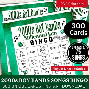 Bingo de 300 tarjetas con canciones de grupos de chicos de los años 2000, bingo musical Millennium con lista de reproducción, actividad de reunión de los años 2000 para adultos, juego de fiesta Y2K para reunión familiar