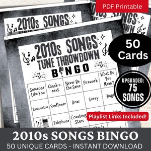 Gra Bingo z piosenkami z lat 2010. 50 kart, impreza rodzinna, bingo z muzyką retrospektywną z listą odtwarzania, aktywność na temat spotkania urodzinowego przyjaciela