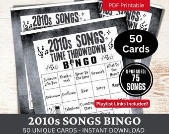 Jeu de 50 cartes de bingo avec chansons des années 2010, soirée de réunion de famille, bingo avec musique d'époque avec liste de lecture, activité de rassemblement sur le thème de l'anniversaire d'un ami