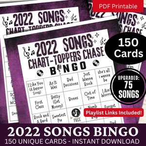 2022 Songs Bingo 150 Card, Muzyczne Bingo z playlistą dla dorosłych, Nocne spotkanie rodzinne, Muzyczna aktywność na temat urodzin przyjaciela